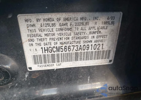 2003 Honda Accord 2.4 Ex z USA, uszkodzony, nr VIN 1HGCM56673A091021